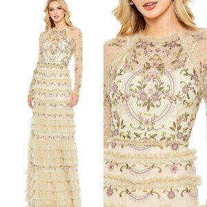 NWT | Mac Duggal 8030 Mesh Polka Dot Long Sleeve Floral Tiered Gown 8
